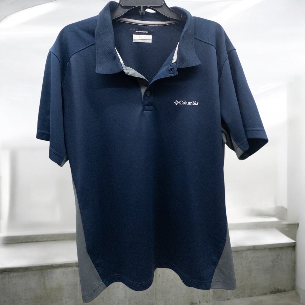 Columbia Colorblock Polo Shirt Men's XL Navy Blue Gray Omni-Shade UPF Golf